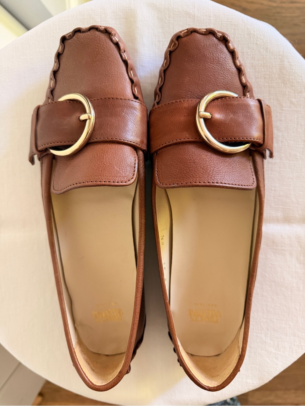 Frances Valentine Brown Leather Loafers with Gold Ring Buckle
